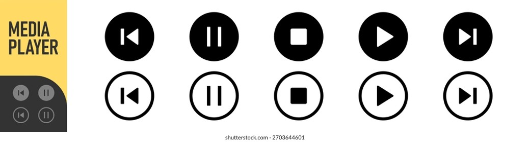 Botão do ícone Reproduzir. Pausar. Próximo. Voltar anterior - Conjunto de ícones da Web, media player, coleção de ícones de aplicativos de streaming de vídeo. Conjunto de ícones de cores. Ilustração vetorial