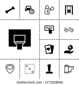 Play icon. collection of 13 play filled and outline icons such as finger pressing play button, joystick, swing, basketball basket. editable play icons for web and mobile.