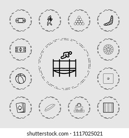 Play icon. collection of 13 play outline icons such as field, boomerang, playing card, football pitch, portable console, trampoline. editable play icons for web and mobile.