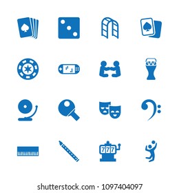 Play icon. collection of 16 play filled icons such as pllaying card, slot machine, dice, piano, casino chip. editable play icons for web and mobile.