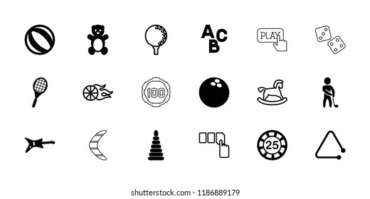 Play icon. collection of 18 play filled and outline icons such as teddy bear, 25 casino chip, guitar, beach ball, tennis rocket. editable play icons for web and mobile.