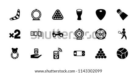 Play icon. collection of 18 play filled icons such as bike, boomerang, 100 casino chip, roulette, guitar mediator, drum. editable play icons for web and mobile.