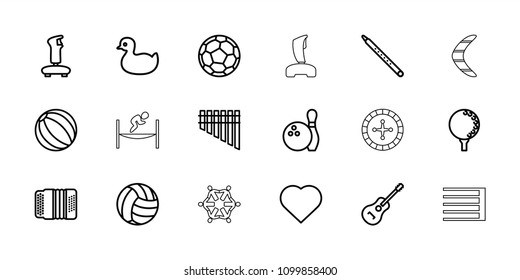 Play icon. collection of 18 play outline icons such as duck, hearts, joystick, beach ball, harmonica, musical pipe, guitar, harmonic. editable play icons for web and mobile.
