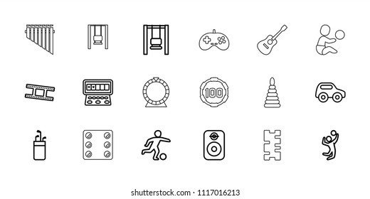 Play icon. collection of 18 play outline icons such as toy car, slot machine, golf putter, swing, camera tape, speaker. editable play icons for web and mobile.