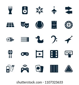 Play icon. collection of 25 play filled icons such as field, roulette, dice, billiards, bass clef, guitar strings, speaker. editable play icons for web and mobile.