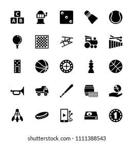 Play icon. collection of 25 play filled icons such as abc cube, toy car, roulette, domino, slot machine, trumpet, hockey puck. editable play icons for web and mobile.