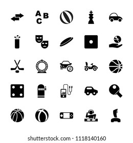 Play icon. collection of 25 play filled icons such as toy car, dice, abc, mask, basketball, cd on hand, hockey, chess king. editable play icons for web and mobile.