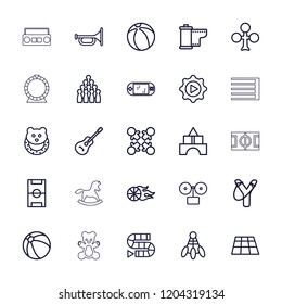 Play icon. collection of 25 play outline icons such as beach ball, baby toy, toy tower, clubs, gramophone, trumpet, dice game, bowling. editable play icons for web and mobile.