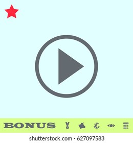 Play icon flat. Grey pictogram on blue background. Vector illustration symbol and bonus buttons medal, cow, earth, eye, calculator