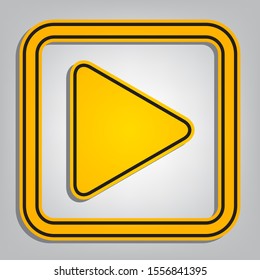 Play icon. Flat orange icon with overlapping linear black icon with gray shadow at whitish background. Illustration.