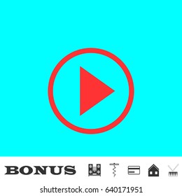 Play icon flat. Red pictogram on blue background. Vector illustration symbol and bonus buttons Music center, corkscrew, credit card, house, drum