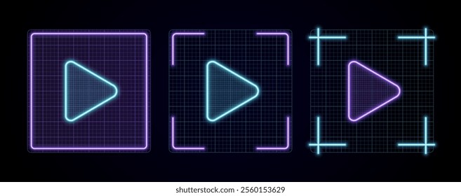 Play icon illustration, cyber neon visual, glowing border grid vector.