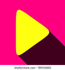 Play icon illustration. Player navigation button. Vector. Flat yellow icon with with semitransparent shadow on rose background.