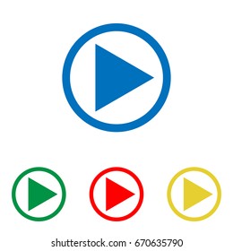 Play Icon illustration. Vector. Big blue flat icon with red, green and yellow small icons at white background. Isolated.