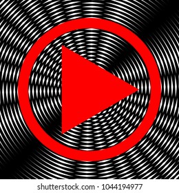 Play Icon illustration. Vector. Red icon on white and black radial interference as background.