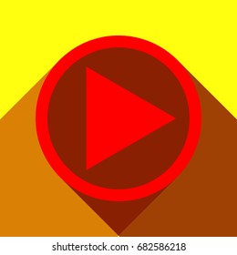 Play Icon illustration. Vector. Red icon with two flat reddish shadows on yellow background.