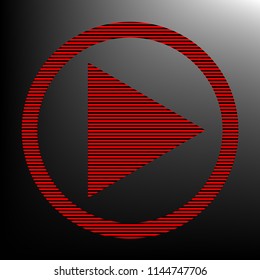 Play Icon illustration. Vector. Striped red and black icon at gradient blackish background. Zebra.
