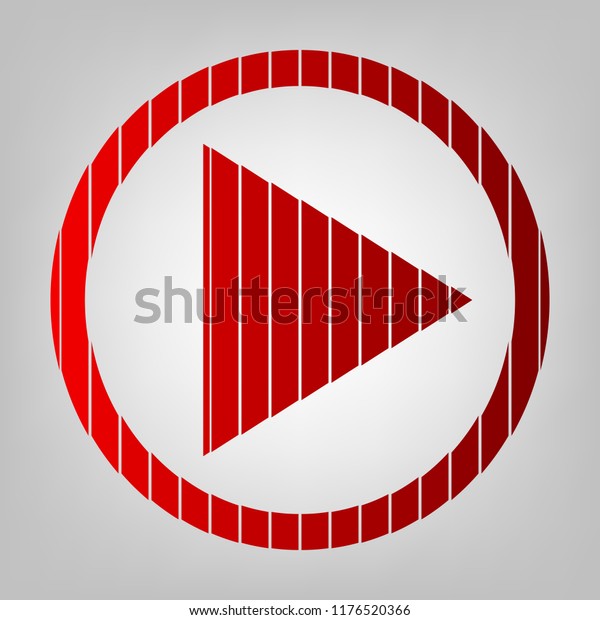 Play Icon illustration. Vector. Vertically\
divided icon with colors from reddish gradient in gray background\
with light in center.