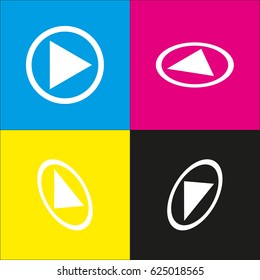 Play Icon illustration. Vector. White icon with isometric projections on cyan, magenta, yellow and black backgrounds.