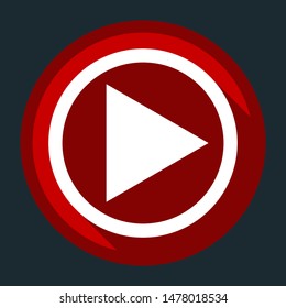 Play Icon illustration. White icon with shadow on round red button at dark cyan background. Illustration.