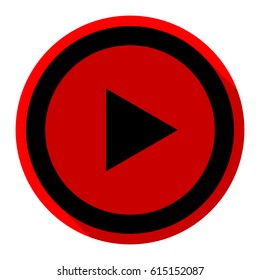 Play icon inversed. Vector. Flat black icon with flat shadow on red circle with white background. Isolated.