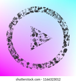 Play icon inversed. Vector. Gray icon with bubbled texture at color background with pink and sky blue corners.
