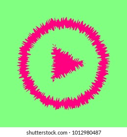 Play icon inversed. Vector. Magenta rough icon on greenish background. Isolated.