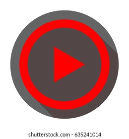Play icon inversed. Vector. Red icon with reddish shadow on dark gray circle at white background. Isolated.