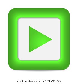 Play icon on green glossy button. Vector illustration