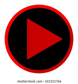 Play icon with rounded corners. Vector. Flat black icon with flat shadow on red circle with white background. Isolated.