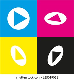 Play icon with rounded corners. Vector. White icon with isometric projections on cyan, magenta, yellow and black backgrounds.