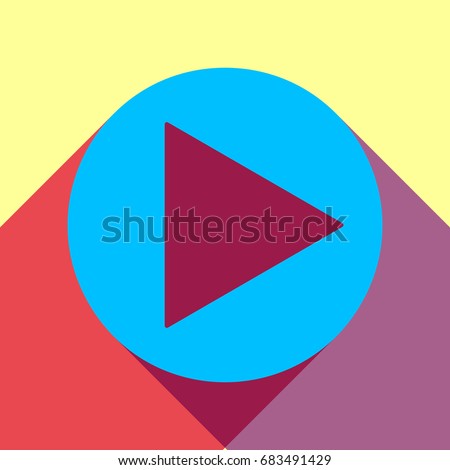 Play icon with rounded corners. Vector. Deep sky blue icon with two flat violet and raspberry semitransparent shadows on canary background.