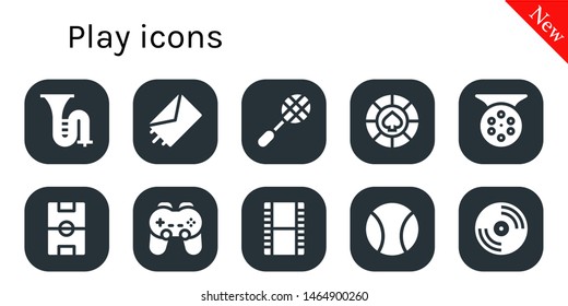 play icon set. 10 filled play icons.  Collection Of - Trombone, Send, Racket, Casino, Reel, Football field, Gamepad, Film, Ball, Vinyl