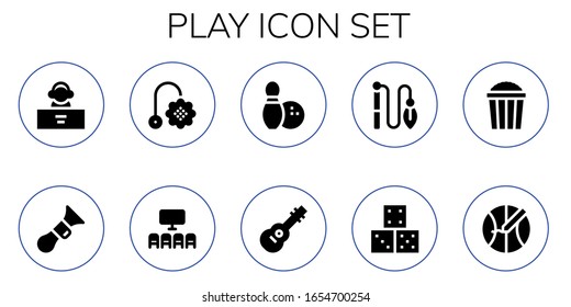 play icon set. 10 filled play icons.  Simple modern icons such as: DJ, Horn, Toy, Cinema, Bowling, Guitar, Dice, Popcorn, Basketball