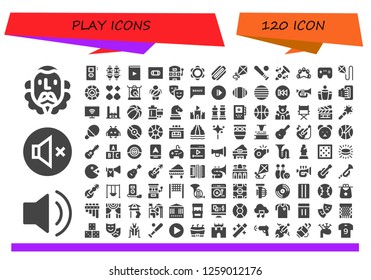  play icon set. 120 filled play icons. Simple modern icons about  - Cervantes, Audio, Mute, Recorder, Shin guards, Video, Vhs, Slot machine, Tambourine, Harmonica, Kite, Baseball