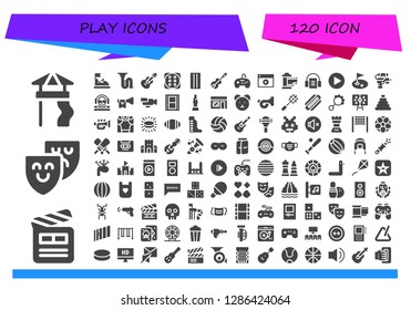  play icon set. 120 filled play icons. Simple modern icons about  - Slide, Clapperboard, Theater, Bumper car, Trombone, Guitar, Dice, Inflatable, Violin, Gamepad, Video, Film