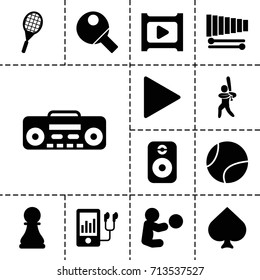Play icon. set of 13 filled play icons such as spades, mp3 player, play, record player, xylophone, speaker, baseball player, tennis rocket, chess pawn, table tennis