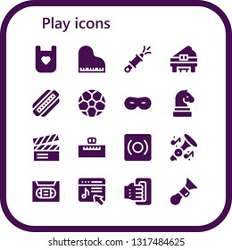 play icon set. 16 filled play icons.  Simple modern icons about  - Bib, Piano, Water gun, Harmonica, Soccer ball, Mask, Chess, Clapperboard, Record, Trumpet, Vhs, Music store