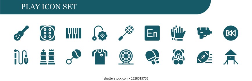 play icon set. 18 filled play icons.  Simple modern icons about  - Guitar, Dice, Piano, Toy, Racket, Encore, Football gloves, Water gun, Previous, Chess, Rattle, Football jersey