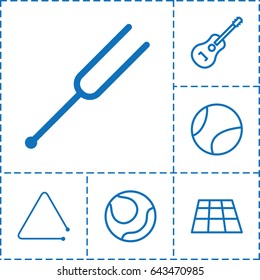 Play icon. set of 6 play outline icons such as tonometer, guitar, triangle musical instrument, tennis ball, volleyball