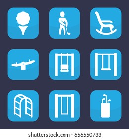 Play icon. set of 9 filled Play icons such as swing, playground ladder, golf player, golf, golf putter