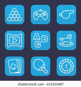 Play icon. set of 9 outline play icons such as horse toy, pllaying card, 1 casino chip, play, whistle, ABC, ping pong racket, joystick