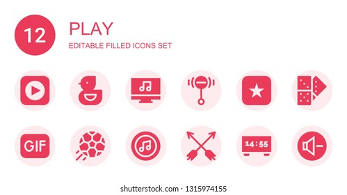 play icon set. Collection of 12 filled play icons included Itunes, Ducky, Music player, Rattle, Gif, Football, Arrows, Scoreboard, Domino, Reduce volume