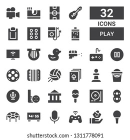 play icon set. Collection of 32 filled play icons included Golf ball, Child, Gamepad, Audio, Scoreboard, Trampoline, Inflatable, Turntable, Rattle, Theater, Golf, Recording, Sand bucket