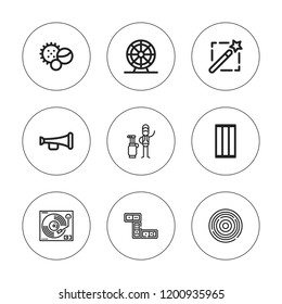 Play icon set. collection of 9 outline play icons with balls, caddy, ferris wheel, domino, inflatable, magic wand, record, trumpet icons. editable icons.