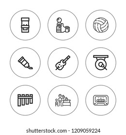 Play icon set. collection of 9 outline play icons with arcade machine, cassette, game, flute, joystick, gong, violin, tube icons. editable icons.