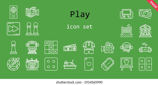 conjunto de iconos de reproducción. estilo de icono de línea. íconos relacionados con el juego como audiobook, ticket, Wheof, kid, volley, dice, sandbox, videocámara, teatro, gamepad, tic tac toe, ace of heart, stadium, fast forward