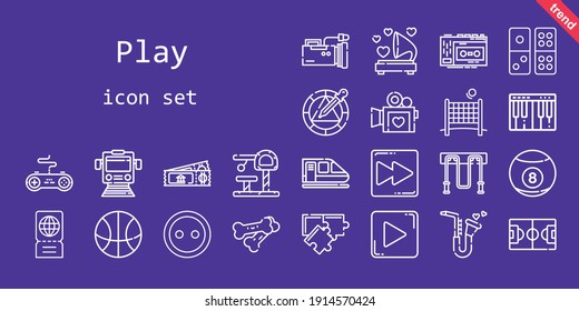 play icon set. line icon style. play related icons such as recorder, ticket, wheel, volley, video camera, saxophone, football field, jumping rope, button, play button, piano, basketball, gramophone