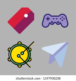 play icon set. vector set about tambourine, gamepad, tag and paper plane icons set.