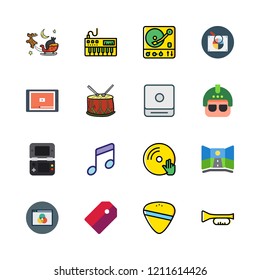 play icon set. vector set about trumpet, drum, tag and vinyl icons set.
